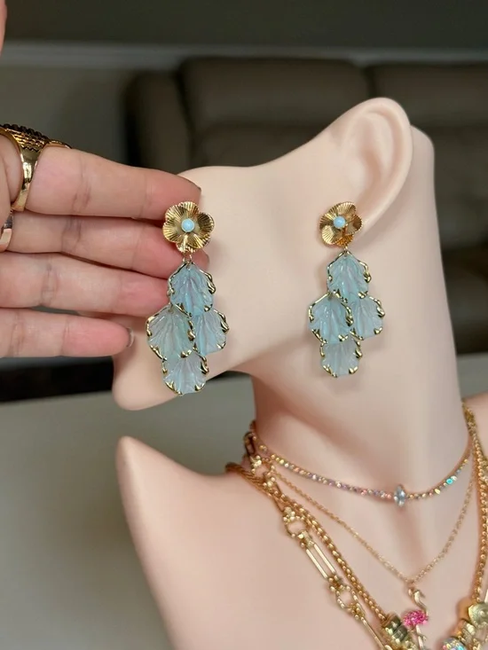 Gold-Tone Blue Leaf Drop Earrings - Picture 7 of 9